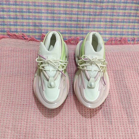 Balmain Shoes - Balmain Women White Sneakers with Pink and Green Accents